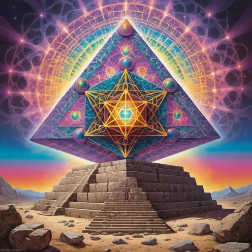 Prompt: Psychedelic Metatron's cube  above a stone pyramid 