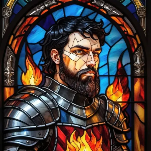 Prompt: A bearded Knight with black hair and an Flame sword