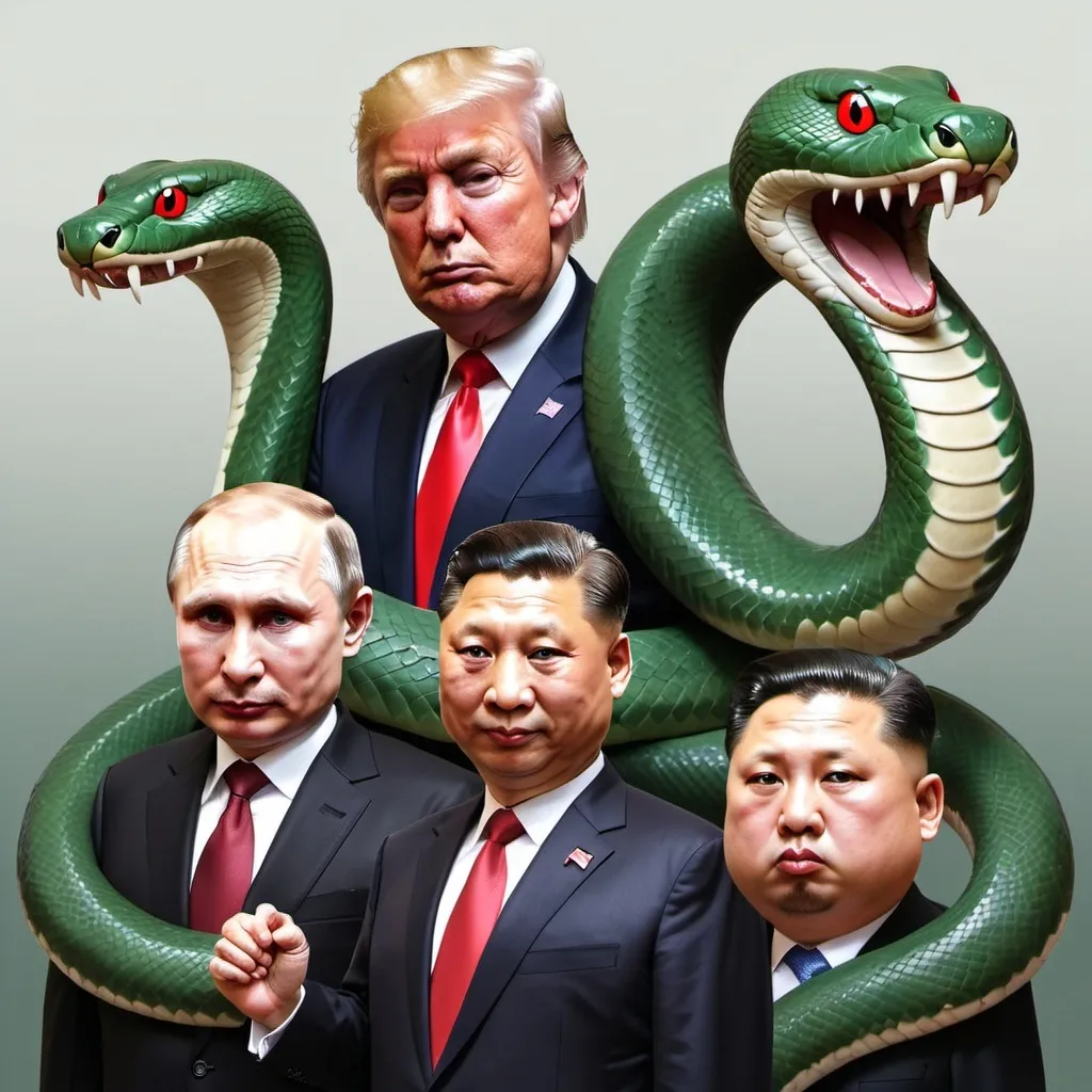 Prompt: Putin, Xi Jingpin, Trump, Kim Jung Un, Victor Orban together as cartoon snakes