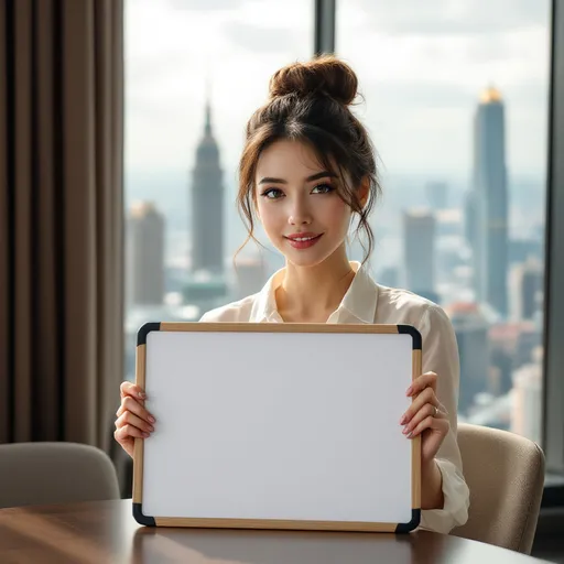 Prompt: Radiating a soft elegance, a young woman with an effortlessly chic hairstyle poses gracefully, her hair gathered into a casual bun that emphasizes her delicate features holding a white board for me to input text on a table with background of a city view inside a high rise office 
the city view can be Malaysia twin tower and kl tower included

use realistic feel for both the human and the city
