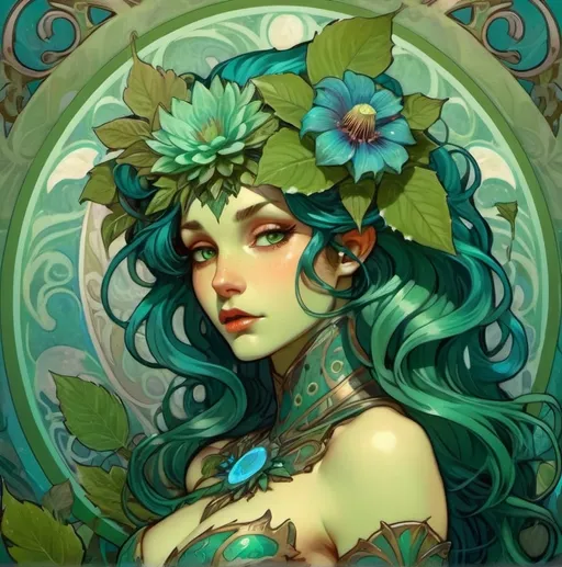 Prompt: A blue-green skinned Alraune monster girl with a large blue rafflesia flower in her hair and jagged leaves on her back with hazel-green eyes and scantily clad in leaf armor
