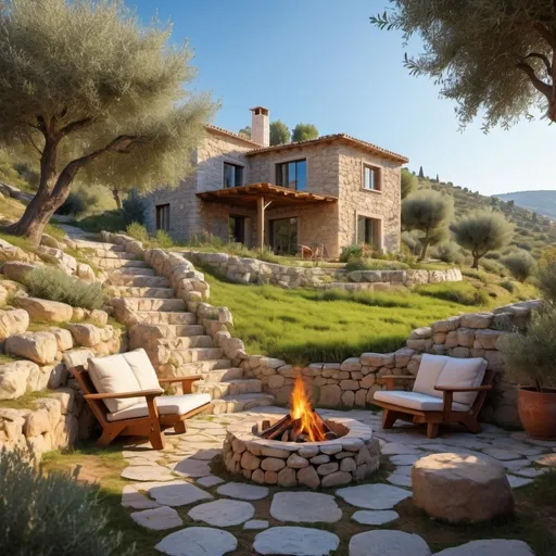 Prompt: (ecological house on a hill), surrounded by lush olive trees, inviting garden ambiance, cozy fire pit, children joyfully building a rock chair, tranquil and harmonious atmosphere, soft warm lighting, vibrant greenery, picturesque blue sky, rich textures of stone and wood, high-quality, ultra-detailed, captivating scene of nature and family bonding.