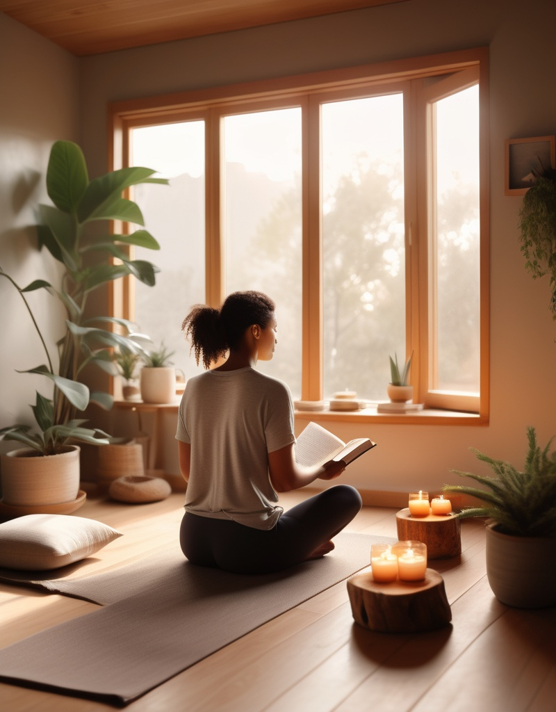 Prompt: Create a serene and calming scene of a woman sitting in a cozy room, drinking tea and reading a book, with soft sunlight coming through the window. The background features calming colors and textures like wood and plants, as well as candles and a yoga mat rolled up in the corner, symbolizing a peaceful self-care routine. Include inspiring text like 'Take time for yourself' subtly integrated into the image.