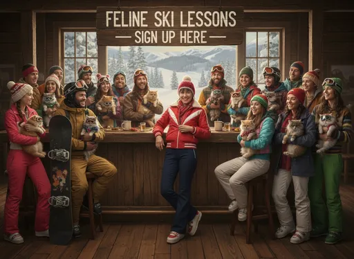 Prompt: @Molly in hat is leaning casually on a wooden ski lodge bar, professional snowboarder in gear, beautiful and looking happy but humble around me are twenty cool looking friends that love me and we are having a fun time. my outfit is vintage 1970  ski gear and everyone in this scene is holding a cat wearing ski gear and a sign behind us clearly says Feline Ski Lessons -Sign Up Here!

