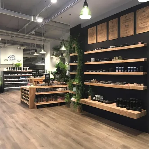 Prompt: beautiful simple instore product displays nutrition, pendants, bracelets, water bottles sparse zen nature small space

