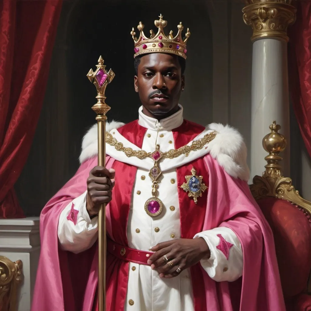 Prompt: a black king in red, pink, and white in royal robes, a scepter, a crown, a signet ring