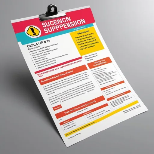 Prompt: Design an Alert Bulletin with graphics items and bright colors informing departments about suspension of a vendor