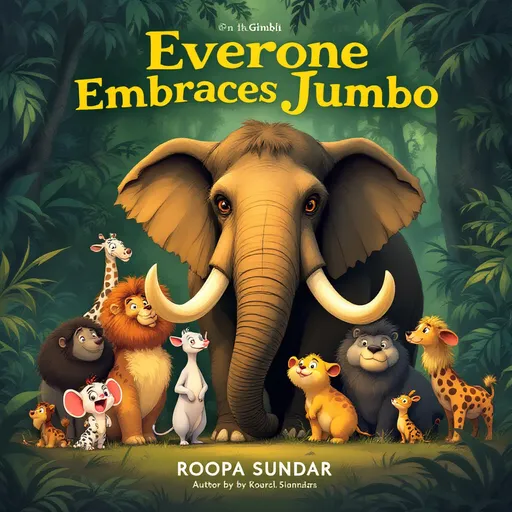 Prompt: A Ghibli image of Animals around a big tusker in a jungle backdrop with story title "Everone Embraces Jumbo" and author's name "Roopa Sundar"