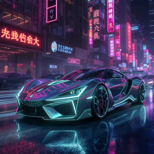 Prompt: A collection of high-tech luxury cars with sleek, aerodynamic designs, illuminated accents, and cutting-edge futuristic aesthetics. Each vehicle showcases innovative details such as holographic displays, ultra-modern interiors, and advanced lighting technology. The scene is set in a neon-lit cityscape, evoking a cyberpunk yet elegant atmosphere."