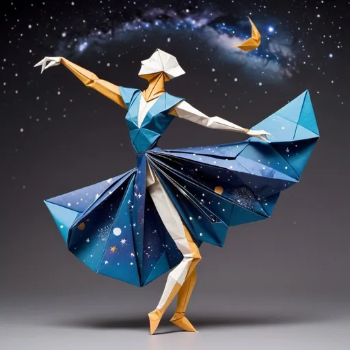 Prompt: A detailed origami design based contemporary dancer dancing in the unlimited milky way universe 