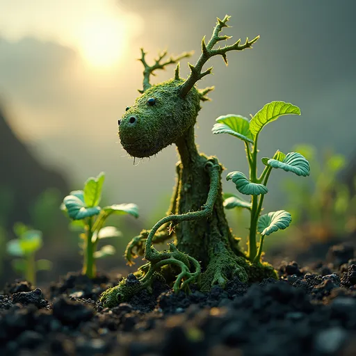 Prompt: wiry wood elemental, feeding new life into a scorched landscape, seedlings sprouting from ash, intricate textured bark skin, conveying rejuvenation amidst desolation, warm and hopeful color tones, soft sunlight breaking through gray clouds, magical green aura over the ground, atmosphere of renewal and resilience, ultra-detailed, dramatic depth, showcasing the stark contrast between the elements of destruction and rebirth.