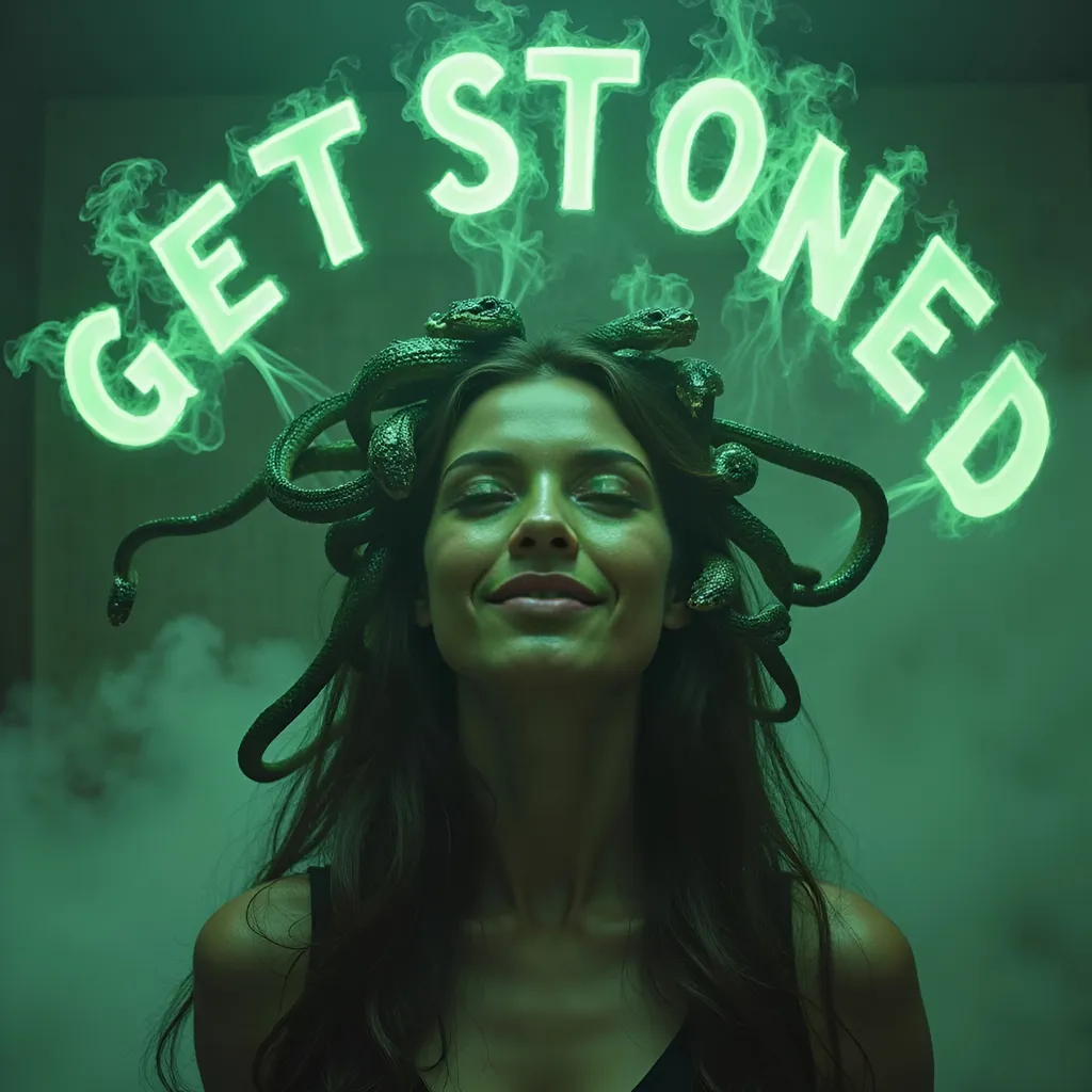 Prompt: A headshot of the mythological Medusa, portrayed as a chill goddess who is clearly stoned.
She has snake hair and faintly glowing eyes, with calm, lazy serpents coiled around her head.
Her expression is relaxed, amused, with heavy eyelids and a soft smile.

Behind her, bold, legible smoke letters spell out the phrase "GET STONED" in capital letters.
The letters are made from thick green smoke, drifting above her head in a smooth arc.
Each letter is fully readable, evenly spaced, and appears to be made from glowing, curling vapor.

The background is a hazy green mist, with cinematic lighting casting soft shadows on her face
and illuminating the smoky phrase behind her.

photorealistic, hyperrealistic, cinematic lighting, vapor lettering, smoke text, ultra-detailed