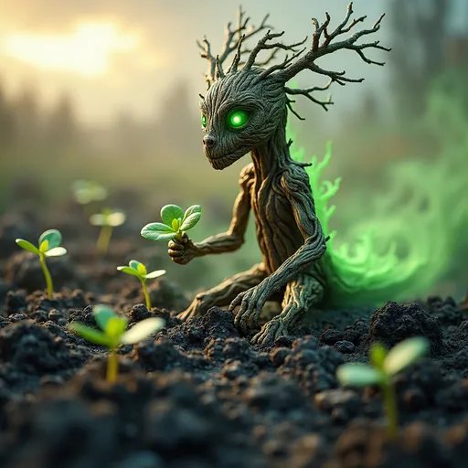 Prompt: wiry wood elemental, feeding new life into a scorched landscape, seedlings sprouting from ash, intricate textured bark skin, conveying rejuvenation amidst desolation, warm and hopeful color tones, soft sunlight breaking through gray clouds, magical green aura over the ground, atmosphere of renewal and resilience, ultra-detailed, dramatic depth, showcasing the stark contrast between the elements of destruction and rebirth.