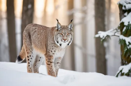 Prompt: a lynx in a snowy forest at dawn, walking slowly with alert posture, its amber eyes bright and focused, fur subtly lit by soft morning glow, mist and golden light filter between the trees behind it, the lynx looks directly at the viewer, expression calm but commanding, snow clings to its fur, and its breath curls in the cold air