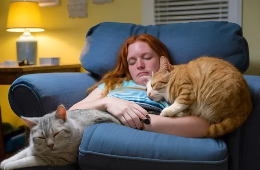 Prompt: a candid nighttime scene of a freckled redheaded woman sitting curled up in an oversized armchair, a gray tabby cat asleep in her lap, the room lit only by the cool flickering light of a television in front of her and a warm yellow light spilling from the kitchen behind her, the mixed lighting casts a contrast of blue highlights across her face and arms while her hair and the back of the chair glow softly in gold, her copper curls are messy and half-shadowed, her rail-thin frame pulled inward as she sits with her knees up, wearing an old sweatshirt and loose pajama pants, her expression is blank but not empty—focused, maybe a little tired, eyes reflecting the TV screen, the scene feels real and quiet, like a photo snapped from the hallway without interrupting her, clutter on a side table, an old blanket draped over the chair, nothing styled or cleaned, just honest and lived-in