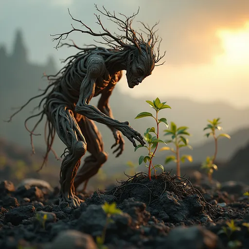 Prompt: wiry wood elemental, feeding new life into a scorched landscape, seedlings sprouting from ash, intricate textured bark skin, conveying rejuvenation amidst desolation, warm and hopeful color tones, soft sunlight breaking through gray clouds, atmosphere of renewal and resilience, ultra-detailed, dramatic depth, showcasing the stark contrast between the elements of destruction and rebirth.