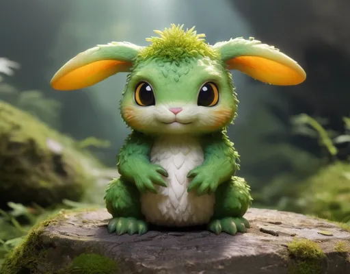 Prompt: a chibi earth elemental creature, rabbit-sized with a large round head and tiny plump body,
cracked stone skin with soft curves, glowing amber eyes wide and expressive,
moss tufts growing like hair on its head and back, root-like tendrils peeking from cracks,
short arms with three stubby fingers, little stone toes, curled up shyly on a jagged rock,
high mountain setting with sparse alpine plants and majestic rocky peaks in the background,
overcast sky casting soft diffuse light, amber glow gently reflected on nearby stone,
the creature’s pose is timid and curious, one paw lifted hesitantly,
high-detail, cute fantasy style, chibi proportions, fantasy creature design