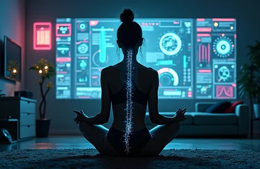 Prompt: low-angle view inside a high-tech cyberpunk apartment at night
a heavily augmented woman sits cross-legged on a sofa, facing a massive holographic interface wall
the camera captures her full figure from behind, emphasizing her posture, cybernetic spine, and the soft glow of augmentation lines across her arms and legs
she wears tight reactive loungewear—matte, dark with pulsing filaments and interface nodes along her limbs
her arms rest gently on her knees, spine aligned in quiet control, bare feet relaxed on the cushion
the room is partially visible: low-profile smart furniture, ambient lights glowing in cyan and magenta bands, scattered personal items and planted tech
a sleek drone hovers quietly above or rests docked in the periphery
her wall display glows intensely—layered with system maps, data charts, and neural control diagrams
the atmosphere is quiet and empowered, like watching a goddess in low power mode