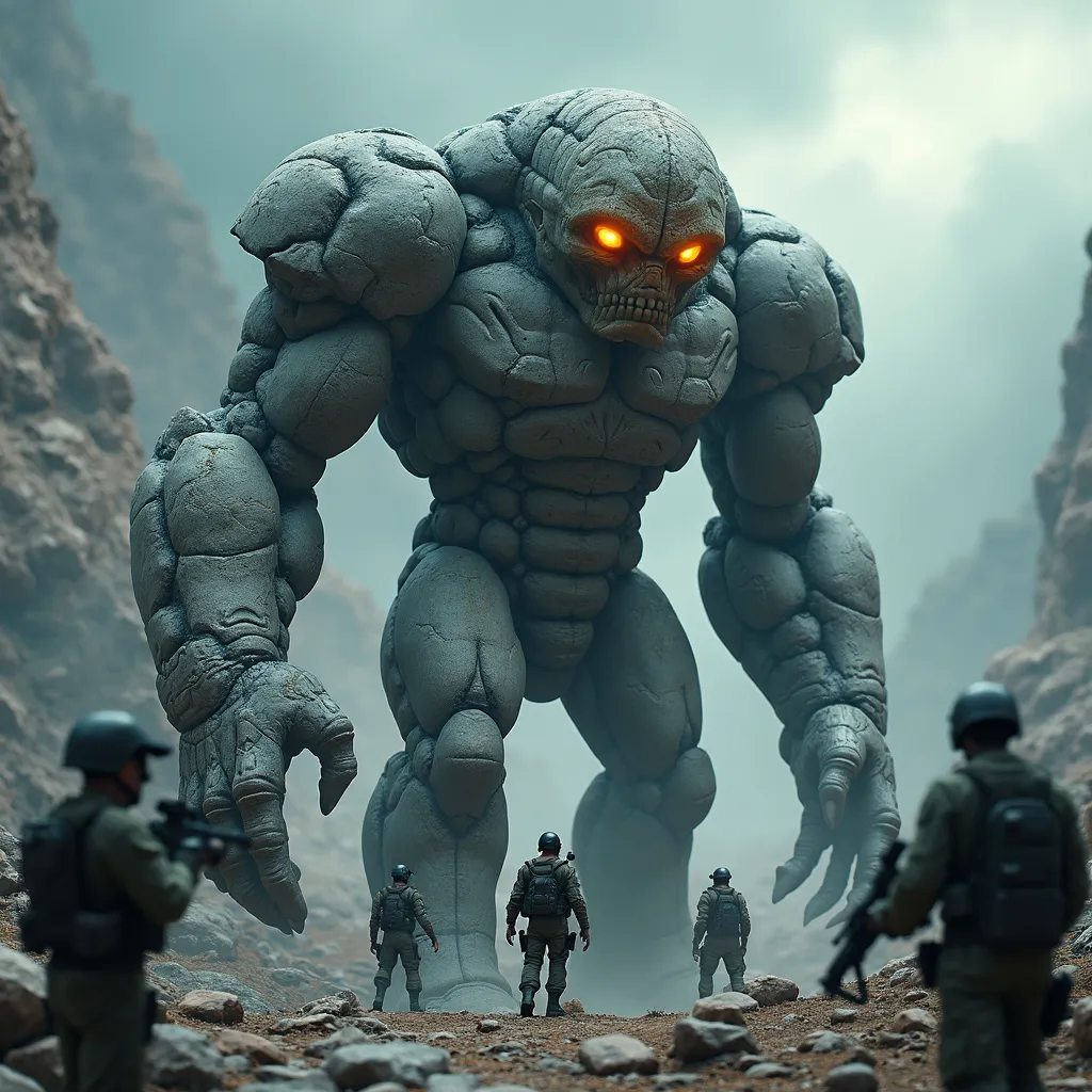 Prompt: weathered stone golem crushing group of invading soldiers, glowing amber eyes, highly detailed texture, hyper-realism, UHD, HD, 8K resolution, modern spec ops soldiers, breathtaking depth, cinematic lighting, rocky landscape surrounding, atmospheric mood, high-quality rendering, ultra-detailed craftsmanship, mesmerizing stone patterns, rugged terrain, dramatic battle, natural elements intertwining, dramatic shadows, nature's raw beauty.