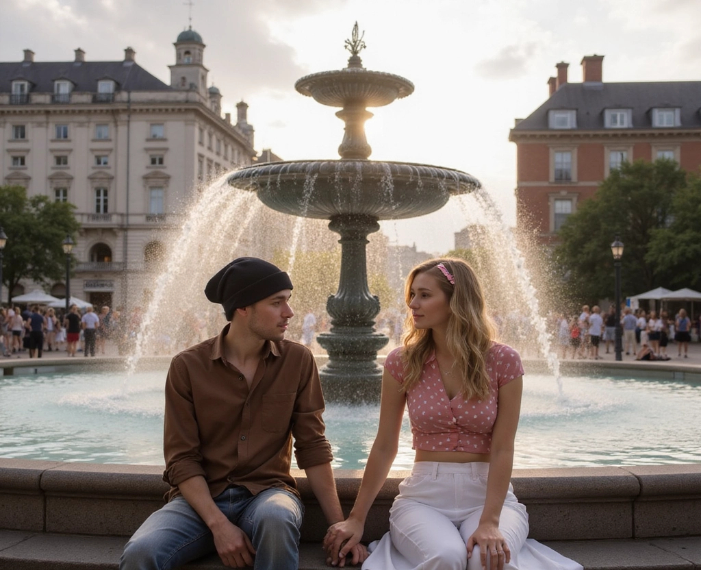 Prompt: A front view full-body portrait of Wren and Alice sitting beside a large water fountain in lively city. They are shyly looking at each other, their hands barely touching. Their posture and facial expressions are nervous excitement.

The setting is a water fountain in the city square in the late afternoon. The square is busy with people and activity. The atmosphere is relaxed and casual, the sky slightly overcast, sun peaking through clouds.

Wren:
A man in his late 20s with brown hair, hazel eyes, open brown shirt, beanie

Alice:
A woman in her early 20s with blonde hair, pink polka-dot top, white skirt, pink hair clip

Hyperrealistic, ultra-detailed, 8K, UHD