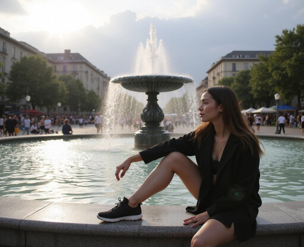 Prompt: A front view full-body portrait of a beautiful woman in her early 20s sitting beside a large water fountain in lively city. She sits with a relaxed posture, her legs curled under her and leaning on one arm. She is looking longingly at the fountain, lost in thought.

The setting is a water fountain in the city square in the late afternoon. The square is busy with people and activity. The atmosphere is relaxed and casual, the sky slightly overcast, sun peaking through clouds.

Hyperrealistic, ultra-detailed, 8K, UHD