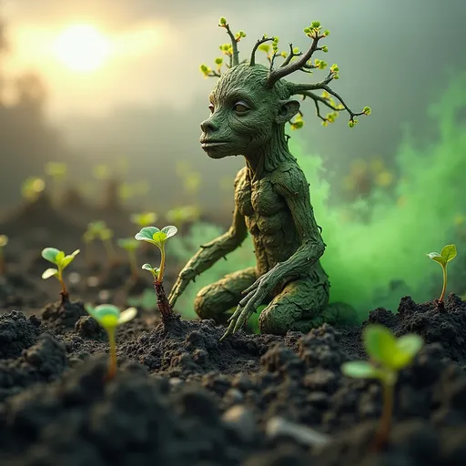 Prompt: wiry wood elemental, feeding new life into a scorched landscape, seedlings sprouting from ash, intricate textured bark skin, conveying rejuvenation amidst desolation, warm and hopeful color tones, soft sunlight breaking through gray clouds, magical green aura over the ground, atmosphere of renewal and resilience, ultra-detailed, dramatic depth, showcasing the stark contrast between the elements of destruction and rebirth.