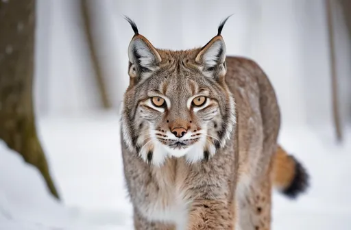 Prompt: a lynx in a snowy forest at dawn, walking slowly with alert posture, its amber eyes bright and focused, fur subtly lit by soft morning glow, mist and golden light filter between the trees behind it, the lynx looks directly at the viewer, expression calm but commanding, snow clings to its fur, and its breath curls in the cold air
