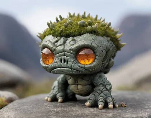 Prompt: a chibi earth elemental creature with a large rounded stone head and tiny cracked body,
weathered granite skin with deep fissures, small glowing amber eyes like molten resin,
moss and lichen tufts growing from its shoulders and crown like hair,
no animal features, just natural rock formations shaping its body,
short stone limbs with stubby root-tipped fingers and glowing cracks running through joints,
its back is hunched slightly, posture timid and curious, one arm half-raised in a cautious gesture,
sitting on a jagged alpine stone outcrop surrounded by sparse grass and windblown mountain flowers,
overcast sky casting soft ambient light, emphasizing earthy tones and glowing eye reflections,
detailed fantasy creature design, chibi proportions, grounded in natural mineral and plant textures