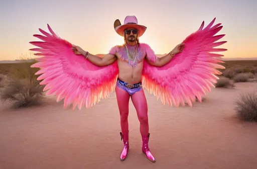 Prompt: a tall man dressed as a flamingo cowboy standing confidently in the middle of a desert rave
his outfit includes pink feathered sleeves, a flamboyant flamingo-inspired hat, mirrored sunglasses, and dusty cowboy boots
his chest is bare except for glitter and body paint, and he wears short metallic hot pants with feathered fringe
he poses dramatically under a sky lit by sunset and rave lights, with glowing cacti and colorful banners in the background
his skin glows under the multicolor lights, with sweat and dust adding to the gritty rave realism
confetti flutters in the background, light haze and smoke machines create atmospheric depth
full-body shot, low angle, cinematic desert backdrop with surreal color palette
inspired by Burning Man aesthetics and early Baz Luhrmann visuals, bold, vibrant, unapologetically weird