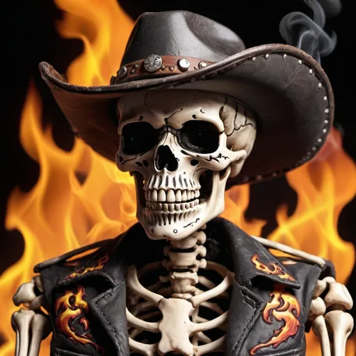 Prompt: cowboy skeleton with fire in eyes and smoking, fire in the background 