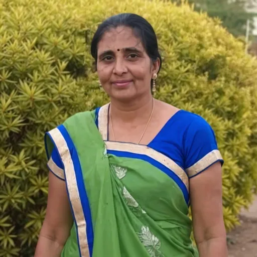 Prompt: A woman stands gracefully against a backdrop of lush yellow foliage, her expression warm and welcoming. Draped in a vibrant green saree with a blue blouse, she exudes elegance, enhanced by subtle gold accents. Her hair is styled simply, and delicate jewelry complements her look, while the natural light illuminates her features, conveying a sense of peace and contentment. The overall composition draws attention to her, set in a serene outdoor environment that suggests a pleasant atmosphere, possibly during the day. This image captures a moment of calm beauty, reflecting cultural heritage and personal poise.