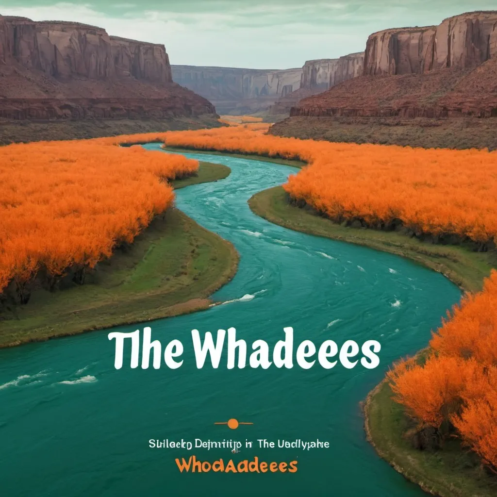 Prompt: An orange teal & dark green river landscape with the words "The Whoadees" in the middle. 
