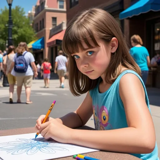 Prompt: In the style of Disney Animation, an 11 year old girl with light shoulder lenght brown hair with bangs the girl has a round face and blue eyes, she is coloring with crayons during a hot summer day, she is drawing disney charaters directly on to the sidewalk area, she is not using paper