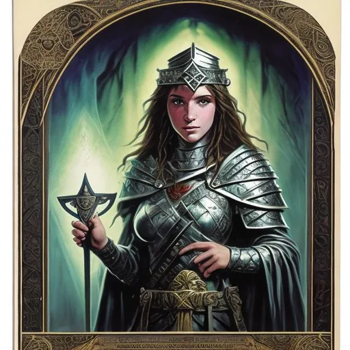 Prompt: A mighty female knights templar with flowing hair holds an elaborately decorated magical artifact in preparation for a ritual, high contrast lighting, dungeons and dragons first edition, 1980s fantasy style, old school fantasy painting