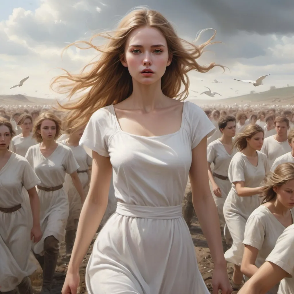 Prompt: Hyper realistic fantasy art, of a Beautiful woman dressed in white she has a round face, and golden brown hair flowing in breeze...she is walking through a waste land of headless people 