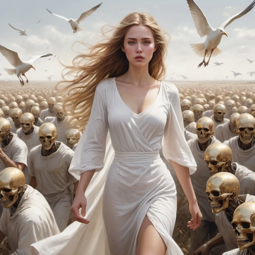 Prompt: Hyper realistic fantasy art, of a Beautiful woman dressed in white she has a round face, and golden brown hair flowing in breeze...she is walking through a waste land of headless people 