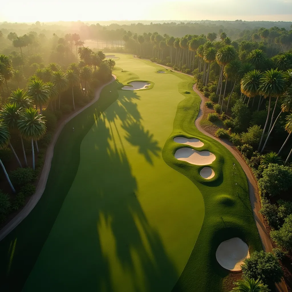 Prompt: aerial drone photo of a golf course. beautiful lighting palm trees, bunkers no shadows. early morning