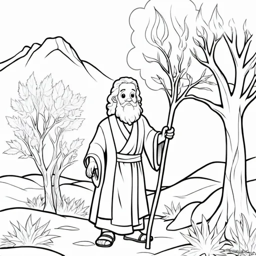 Prompt: Cute picture of Moses and the burning bush coloring page with no color