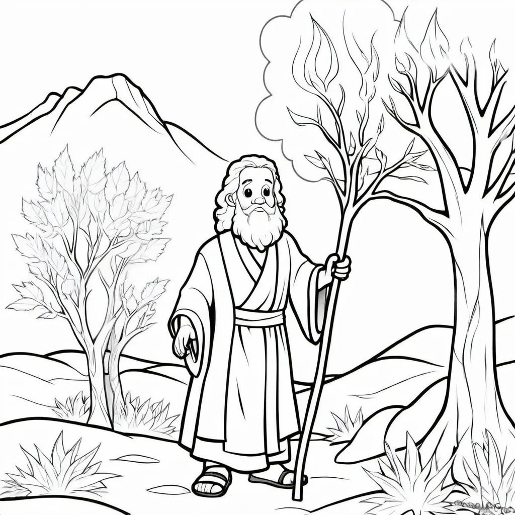 Prompt: Cute picture of Moses and the burning bush coloring page with no color