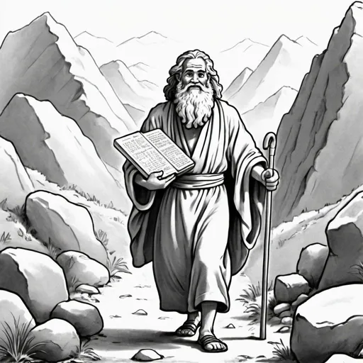 Prompt: Cute picture of Moses returning with the tablets from the mountain with no color