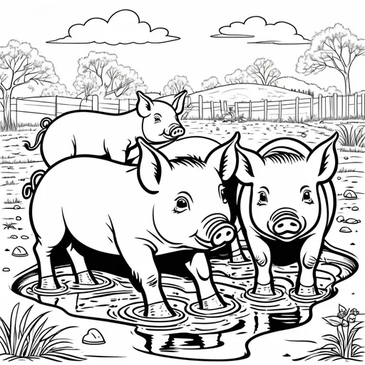 Prompt: B&W coloring book page, pigs playing in mud, line art, solid white background