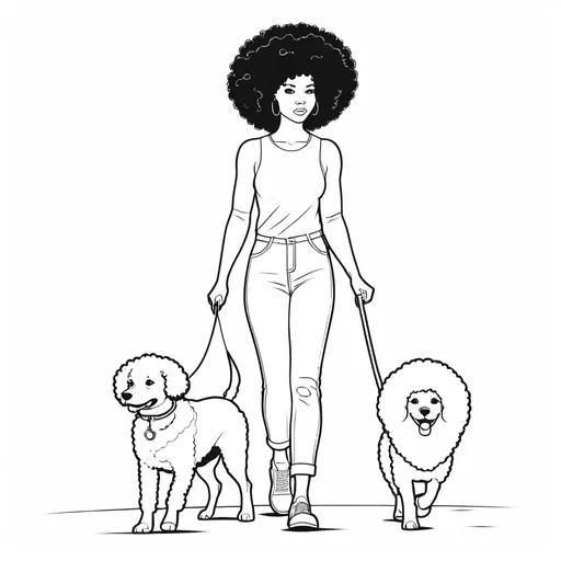 Prompt: B&W coloring book page, woman with afro hair walking dog, simple line art, solid white background