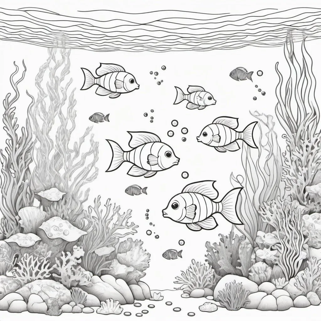 Prompt: Cute picture underwater scene with different fishes coloring page with no color