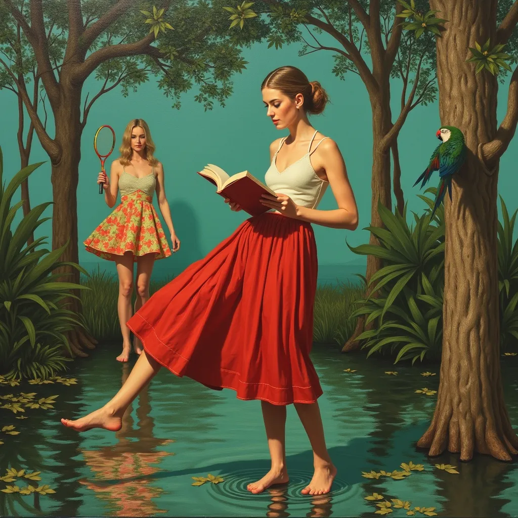 Prompt: a painting by Tony Matelli that is inspired by weed but the woman with the red skirt is reading a book and the woman in the background is holding a badminton racket and there is a parrot between the trees and the woman in the red skirt is lifting with her feet in the water

