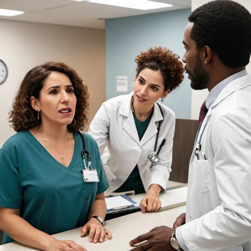 Prompt: spanish woman at a clinic reception desk speaking to a black doctor behind the counter 
