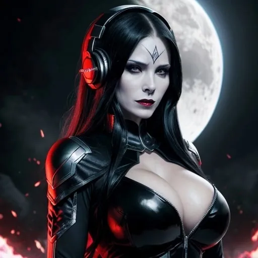 Prompt: from 8 billion peoplein the planet, approximately 20 million people think they are Lady Death from Chaos Comics, wearing a Lady Death style outfit suit and headphones. Looking serious, no emotion, She should have an evil smile expression, looking really furious. Best quality possible, HD , 8K, Lady Death inspered