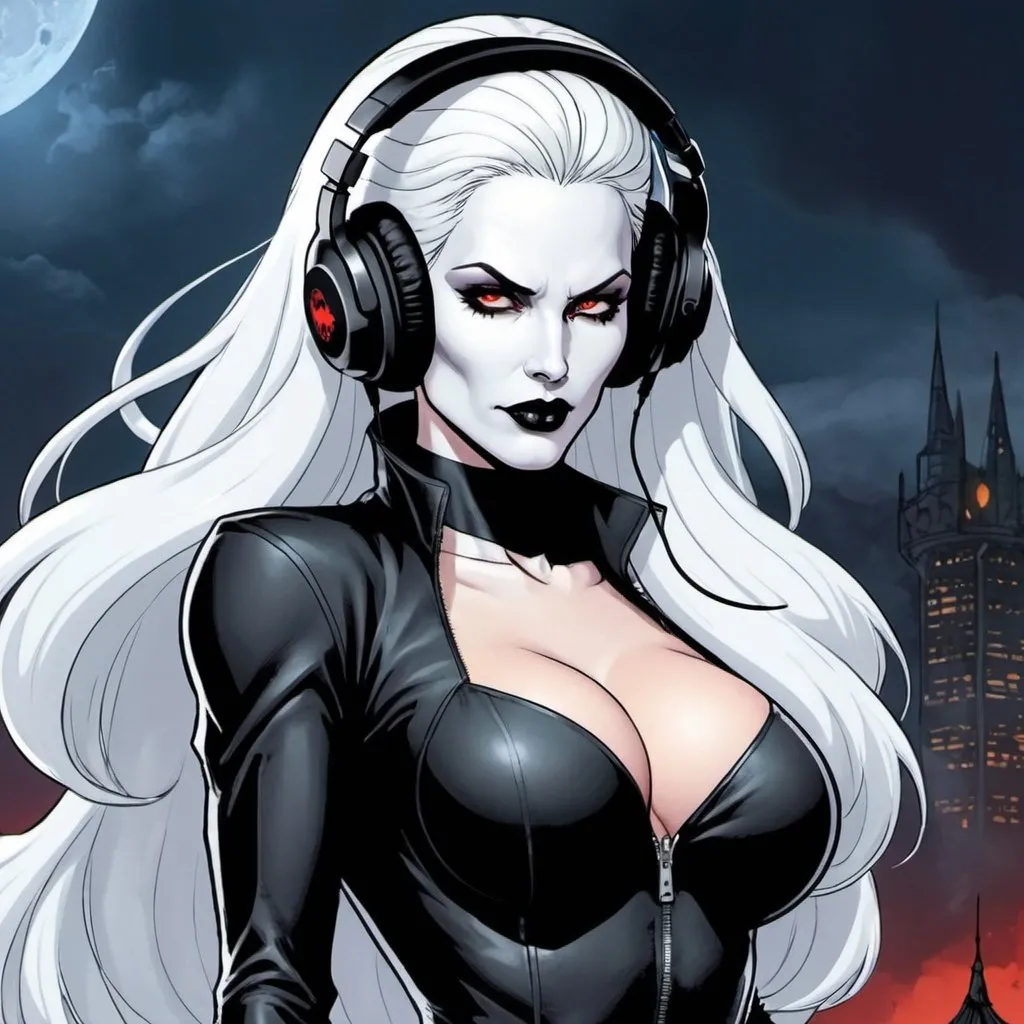 Prompt: from 8 billion peoplein the planet, approximately 20 million people think they are Lady Death from Chaos Comics, wearing a Lady Death style outfit suit and headphones. Looking serious, no emotion, She should have an evil smile expression, looking really furious. Best quality possible, HD , 8K, Lady Death inspered, full body