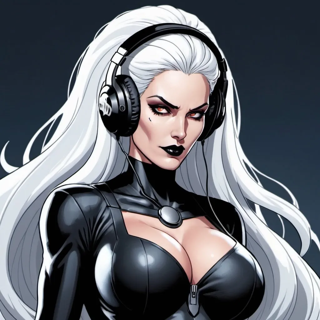 Prompt: from 8 billion peoplein the planet, approximately 20 million people think they are Lady Death from Chaos Comics, wearing a Lady Death style outfit suit and headphones. Looking serious, no emotion, She should have an evil smile expression, looking really furious. Best quality possible, HD , 8K, Lady Death inspered