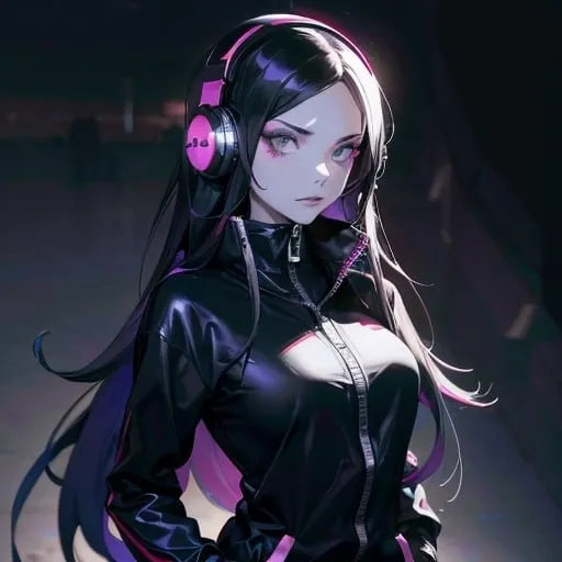 Prompt: from 8 billion peoplein the planet, approximately 20 million people think they are Lady Death from Chaos Comics, wearing a black track suit and headphones. Looking serious, no emotion, She should have an evil smile expression, looking really furious. Best quality possible, HD , 8K, Lady Death inspered