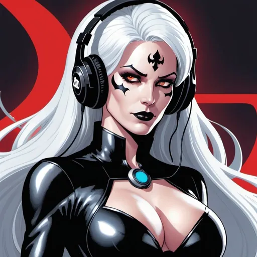 Prompt: from 8 billion peoplein the planet, approximately 20 million people think they are Lady Death from Chaos Comics, wearing a Lady Death style outfit suit and headphones. Looking serious, no emotion, She should have an evil smile expression, looking really furious. Best quality possible, HD , 8K, Lady Death inspered, full body
